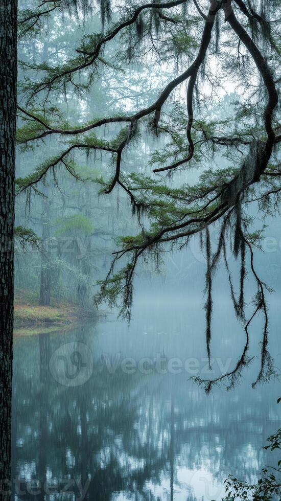 Cypress branches frame the misty edges of ponds, adding depth through winter fog, wallpaper photo