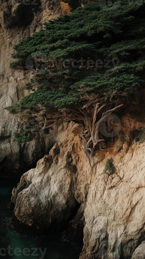 Cypress roots wrapping around a rock face, photorealistic photo