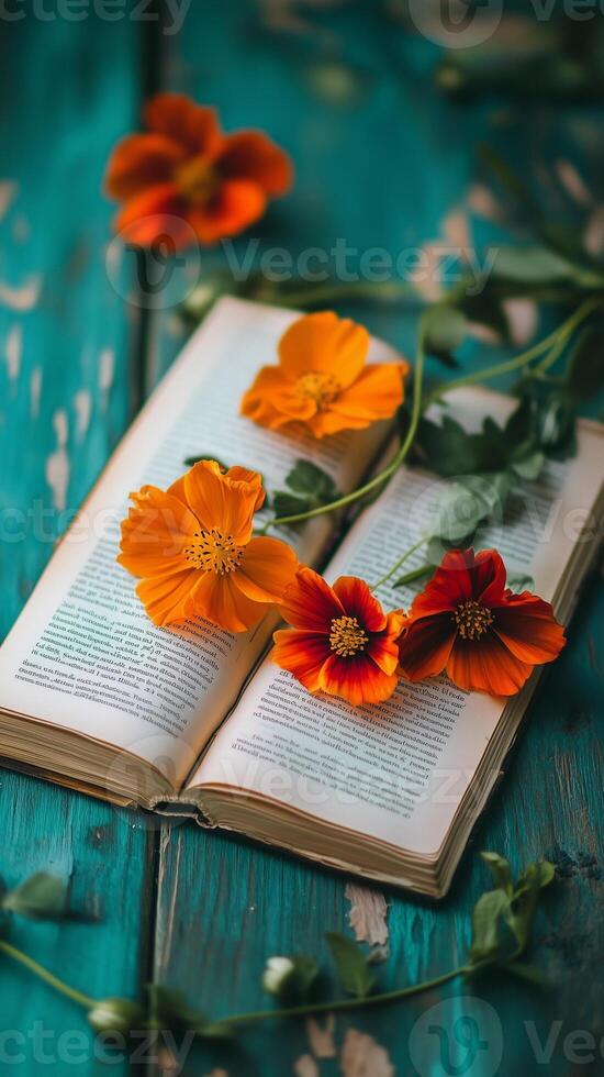 Flowers pressed into bookmarks between pages, wallpaper photo