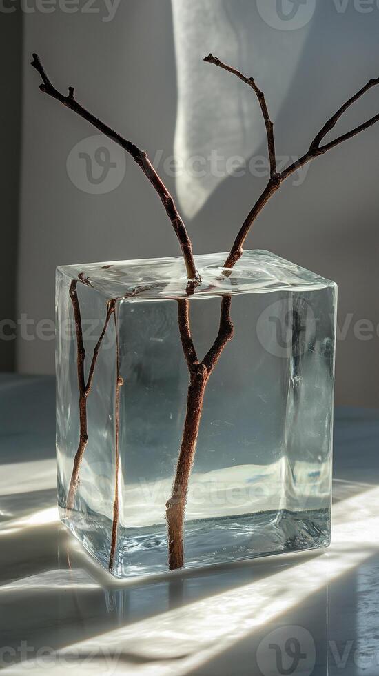 Glass cube with submerged stems on a coffee table, wallpaper photo