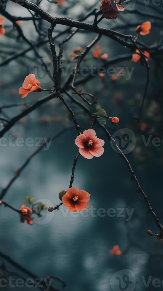 Hibiscus flowers open on branches near water gardens, wallpaper photo