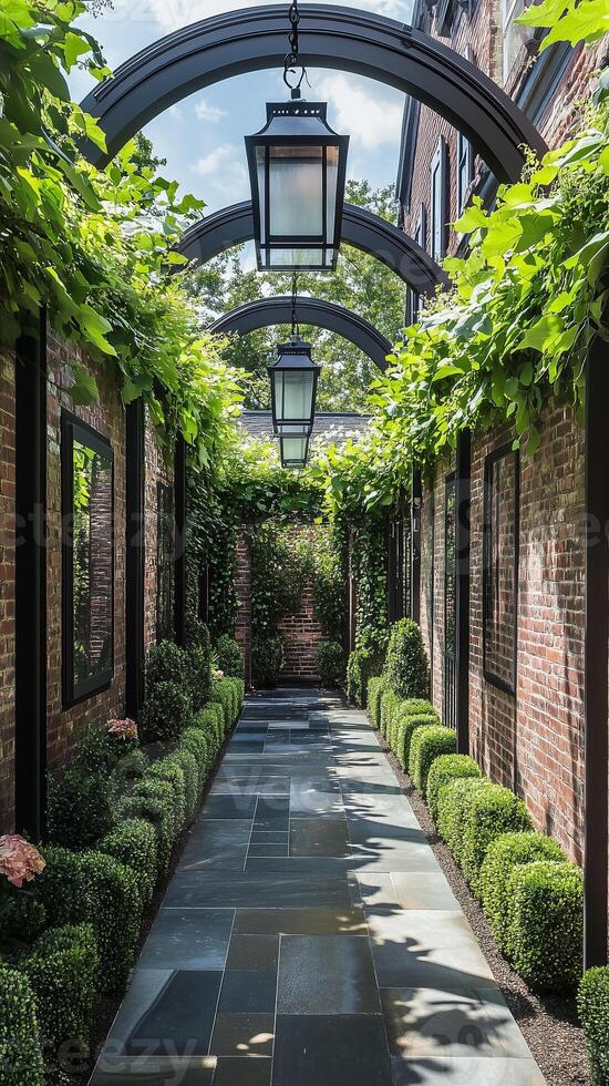 Hedge rows outline defined garden rooms near red brick walls, photorealistic photo