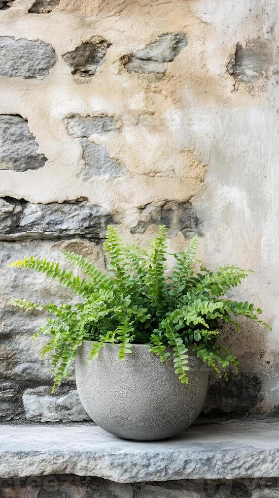 Holly fern in a concrete planter on a stone ledge, photorealistic photo