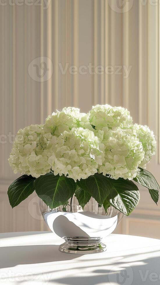 Hydrangeas in a silver bowl with tapers on a tablecloth surface, wallpaper photo