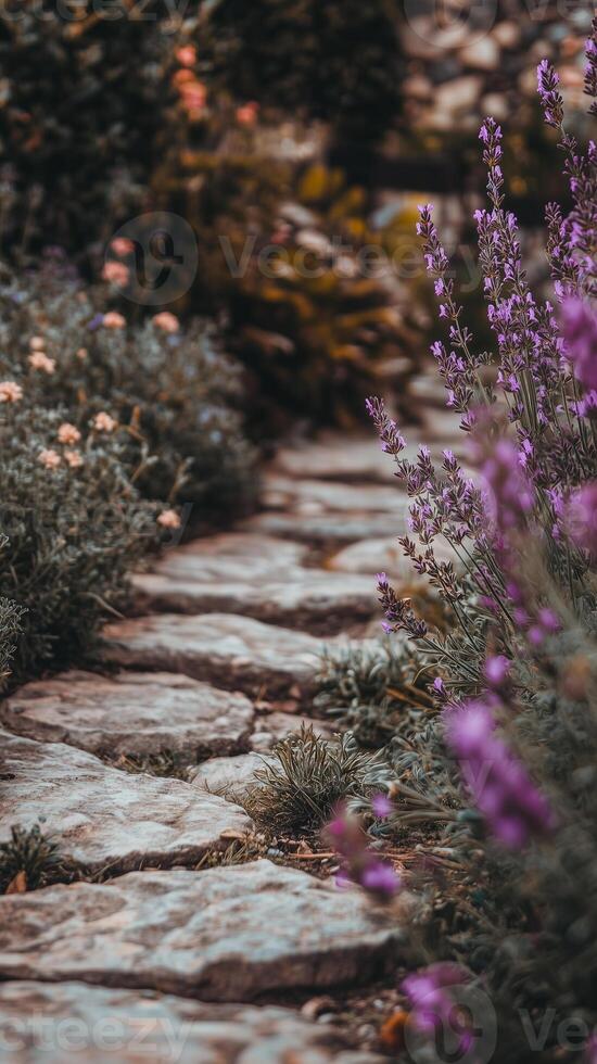 Lavender stalks wave through herb gardens near stone paths, photorealistic photo