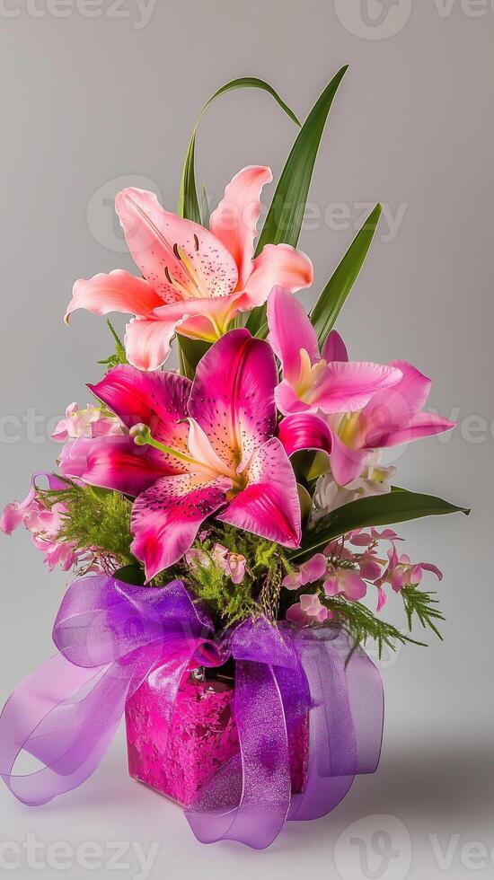 Lilies and orchids with ribbons flowing from wrapped base, wallpaper photo