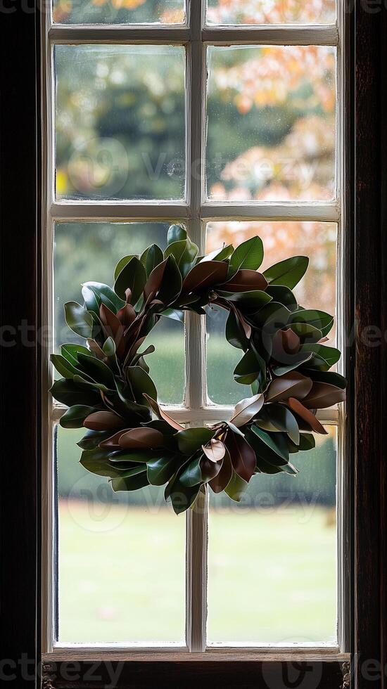 Magnolia leaves shaped into a wreath on window frame surface, wallpaper photo
