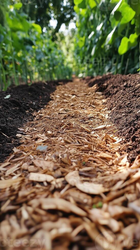 Mulch spread between vegetable rows in a garden space, wallpaper photo