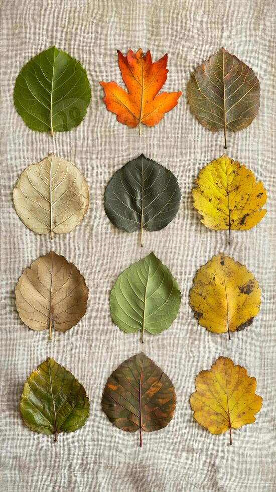 Pressed leaves arranged in circles on a linen background, photorealistic photo
