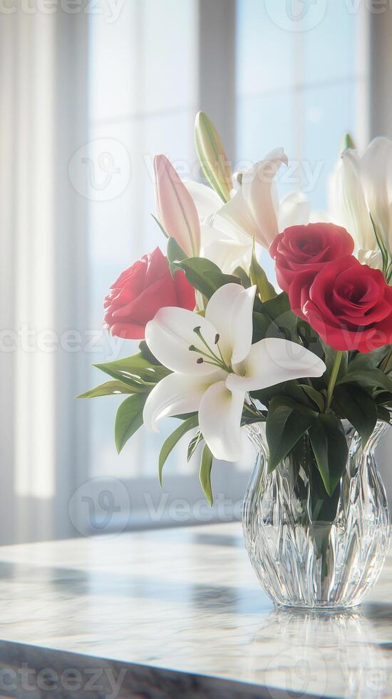 Roses and lilies in a crystal vase on a marble countertop near a window, wallpaper photo