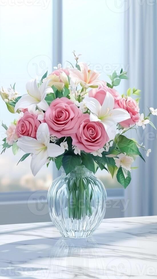 Roses and lilies in a crystal vase on a marble countertop near a window, photorealistic photo