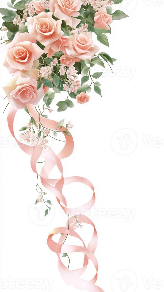 Roses and stephanotis with ribbons cascading from bouquet handle, wallpaper photo