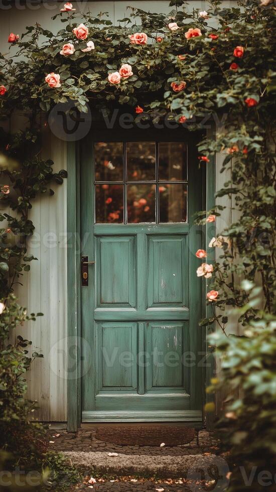 Rose stems climb trellises near cottage doorways, wallpaper photo
