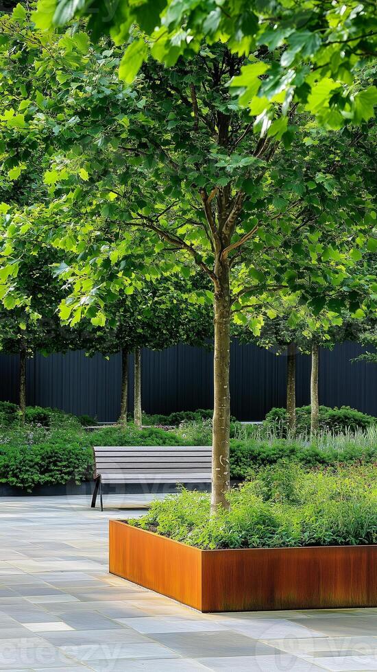Specimen trees act as anchors in lush garden corners near decorative benches, photorealistic photo