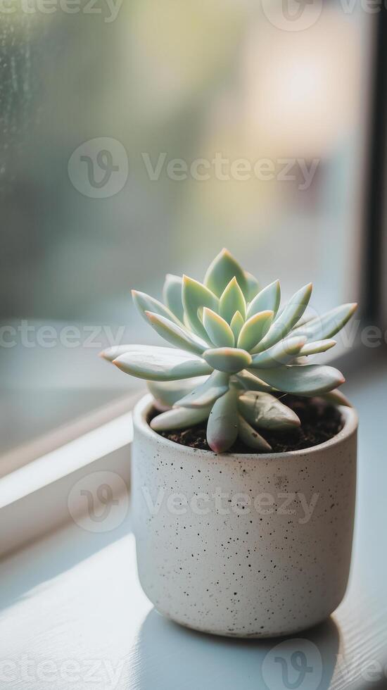 Sedum in a stone container on a window frame, wallpaper photo