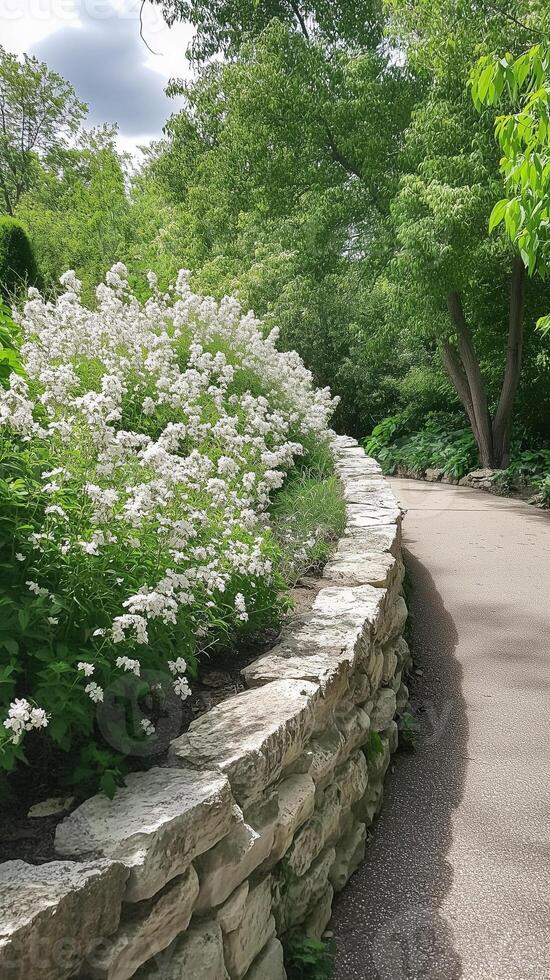 Spirea branches cascade over retaining walls near paths, wallpaper photo