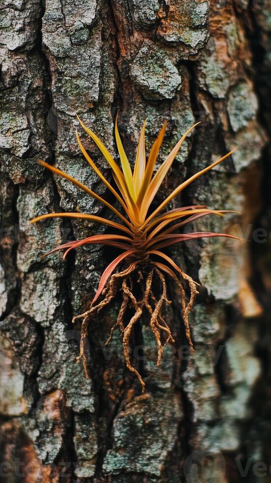 Air plant roots anchoring to tree bark, wallpaper art photo