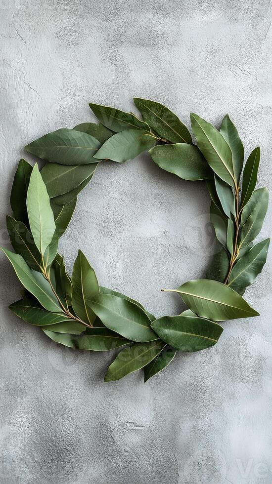 Bay leaves arranged in a circle on plaster wall background, photorealistic wallpaper photo