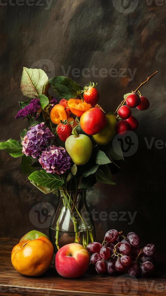 Branches in a glass container with fruit on a wooden dining table, photorealistic wallpaper photo