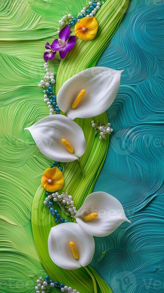 Calla lilies and orchids with beads woven through stems, photorealistic wallpaper photo