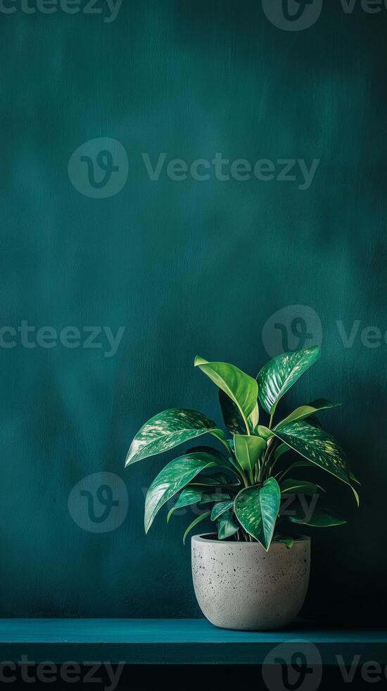 Chinese evergreen in a concrete pot on a bookshelf ledge, photorealistic wallpaper photo