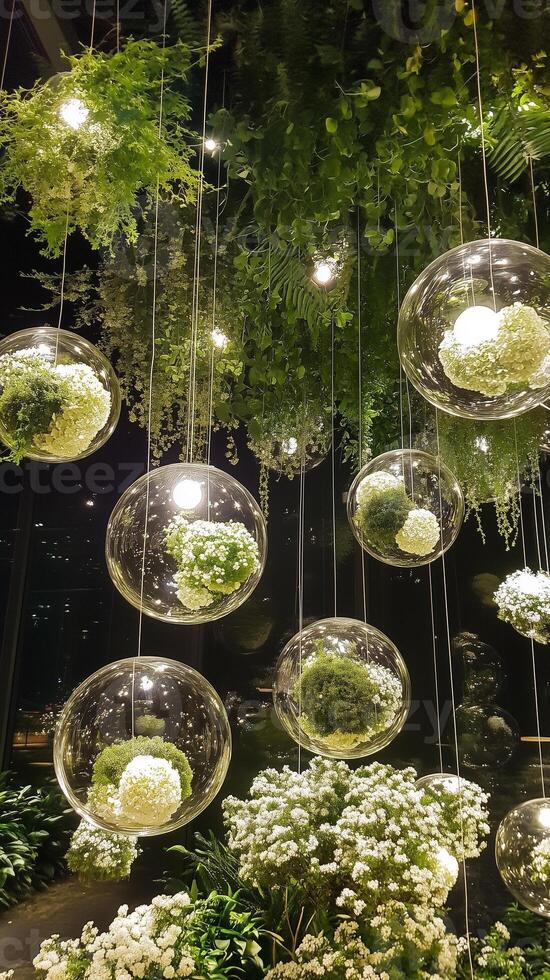 Clusters hanging from the ceiling in glass globes, wallpaper art photo