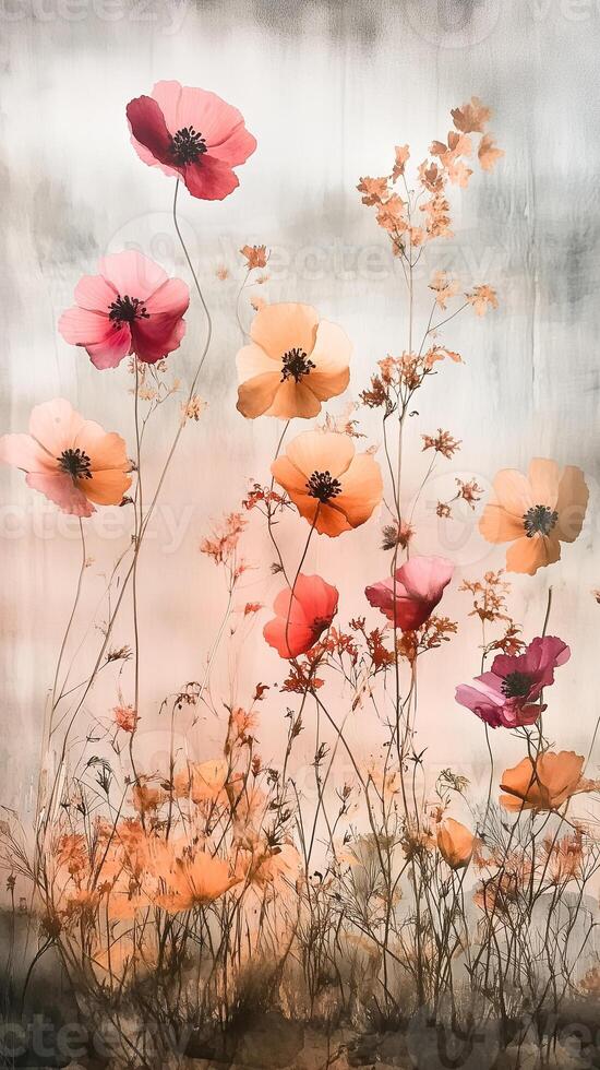 Cosmos stems wave through meadow spaces in autumn breezes, photorealistic wallpaper photo