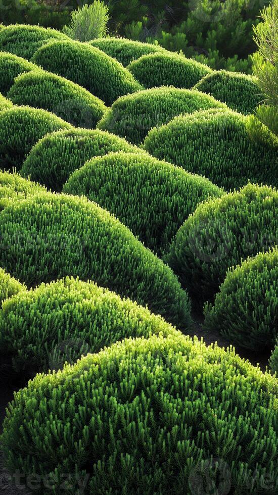 Creeping juniper spreading over slopes in garden landscapes, photorealistic wallpaper photo