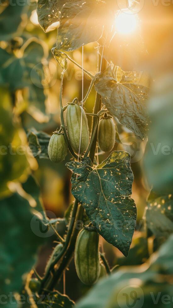 Cucumber vines climbing a string trellis in the garden space, photorealistic wallpaper photo