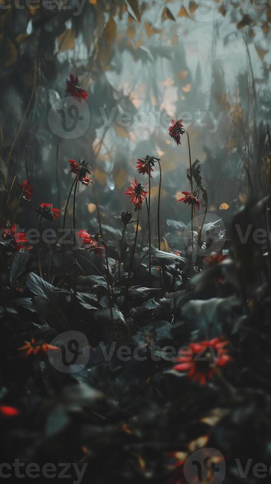 Dahlia plants spread across borders during late summer evenings, wallpaper art photo