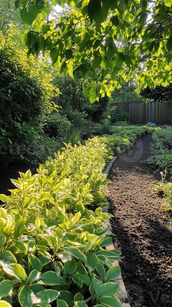 Euonymus branches spread through garden borders near walls, photorealistic wallpaper photo