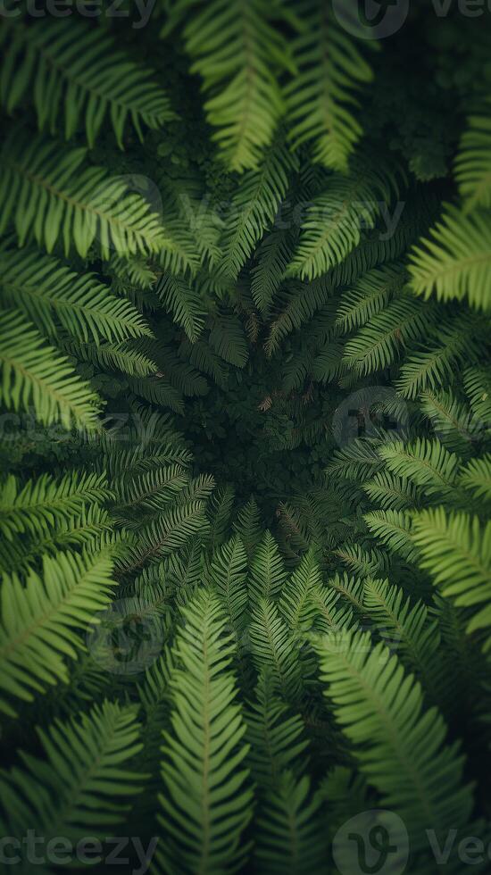 Fern fronds unfurling from a central point, photorealistic wallpaper photo