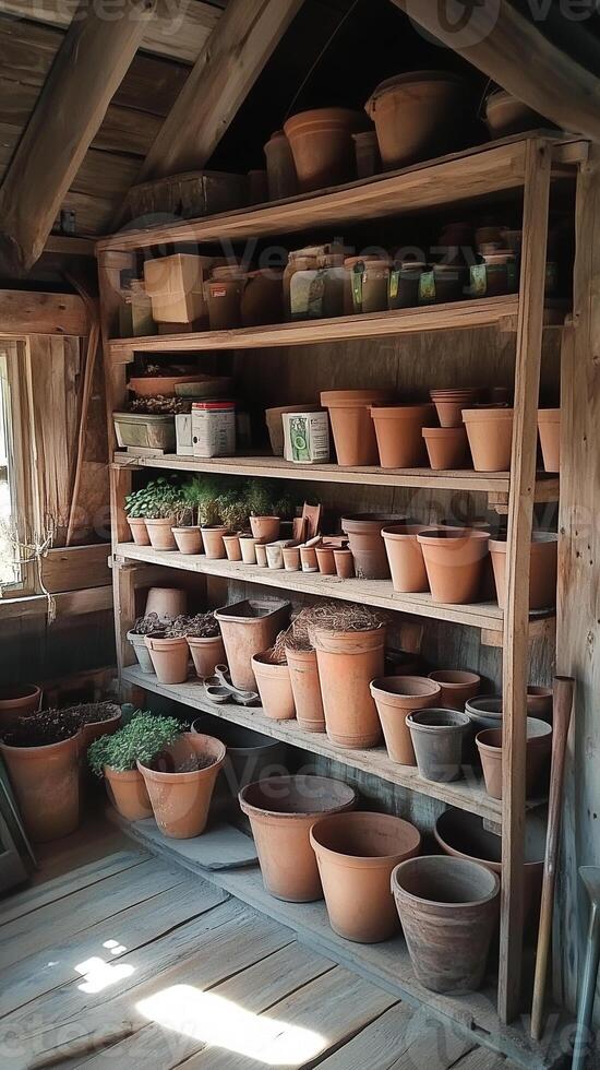 Garden shed with shelves of pots, tools, and seed packets, wallpaper art photo