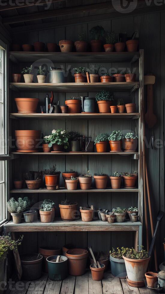 Garden shed with shelves of pots, tools, and seed packets, photorealistic wallpaper photo