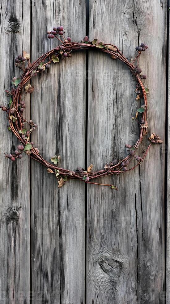 Grapevine stems curved into a circle on wood fence surface, wallpaper art photo