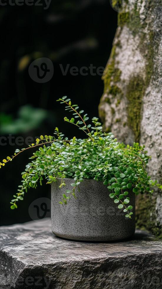 Holly fern in a concrete planter on a stone ledge, photorealistic wallpaper photo