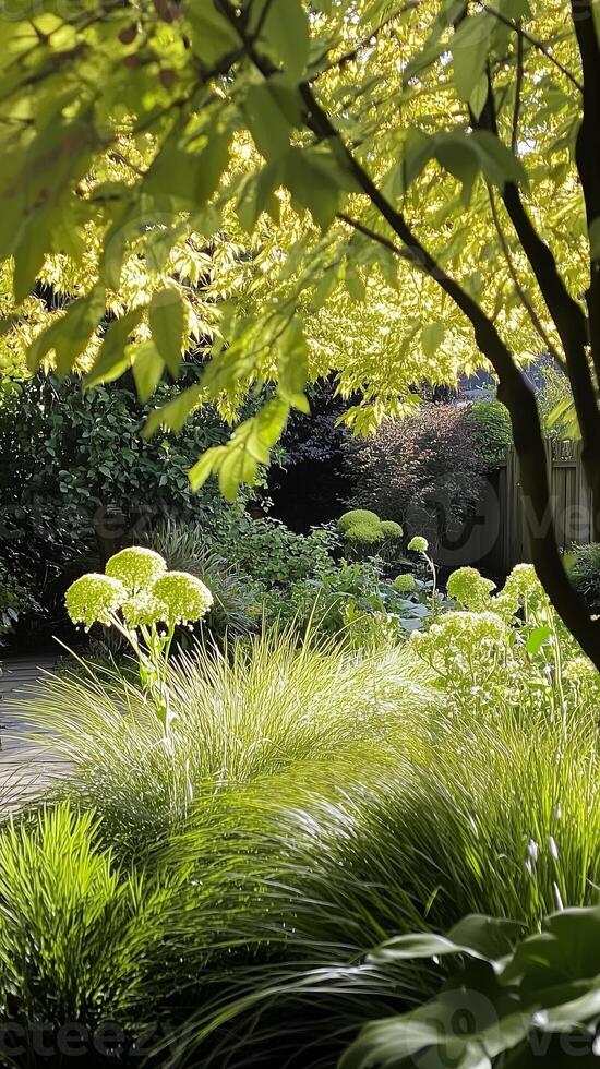Japanese forest grass spreading in shaded garden spaces, photorealistic wallpaper photo