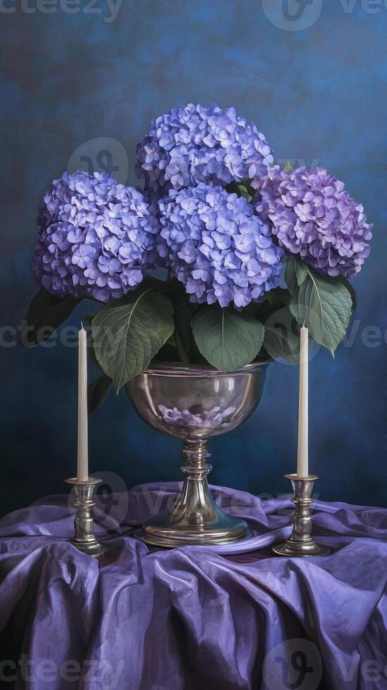 Hydrangeas in a silver bowl with tapers on a tablecloth surface, wallpaper art photo