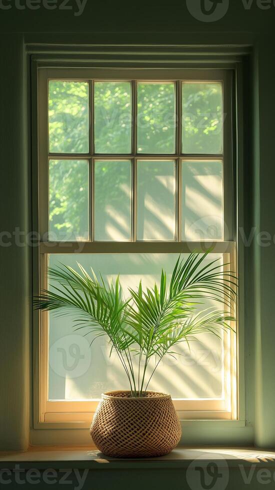 Kentia palm in a woven basket near a window frame, wallpaper art photo