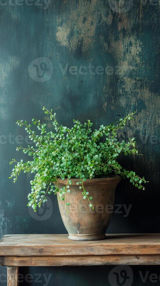 Maidenhair fern in a clay container on a wooden shelf, wallpaper art photo