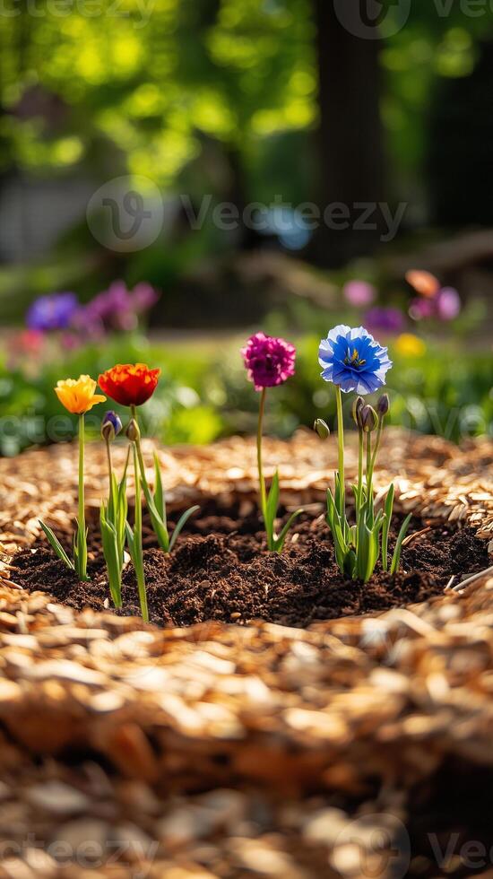 Mulch layer surrounding flower stems in a circular bed formation, wallpaper art photo
