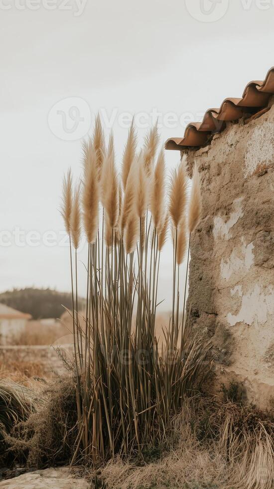 Pampas grass stalks towering above garden beds near walls, photorealistic wallpaper photo