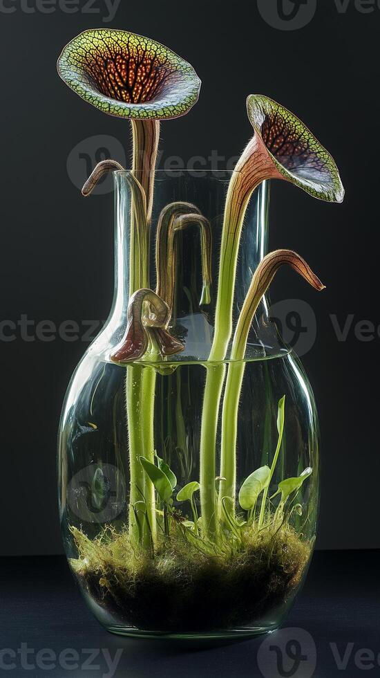 Pitcher plant vessels with fluid in tubular structure, wallpaper art photo