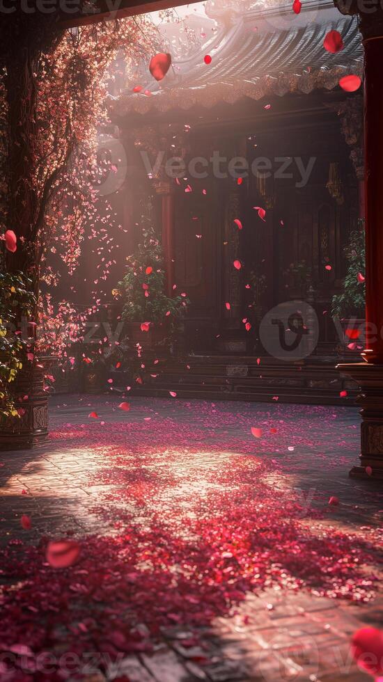 Plum petals scatter across temple courtyards in morning light, wallpaper art photo