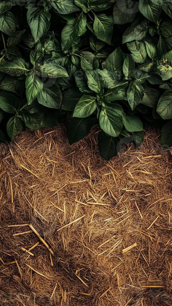 Potato plants growing through a straw mulch layer, photorealistic wallpaper photo