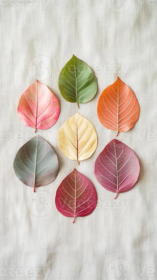 Pressed leaves arranged in circles on a linen background, photorealistic wallpaper photo