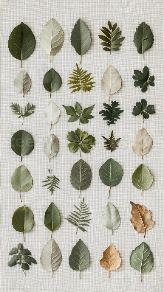 Pressed leaves arranged in circles on a linen background, wallpaper art photo