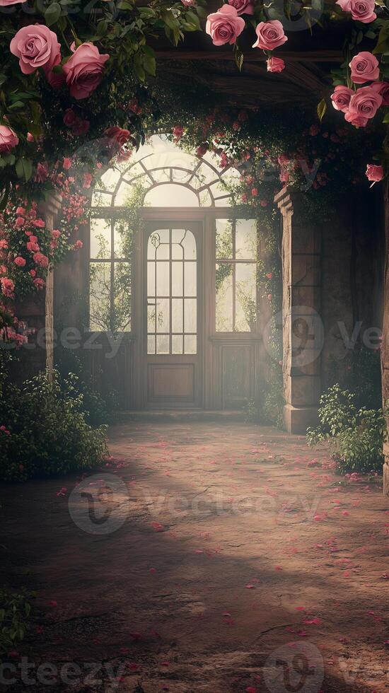 Rose stems climb trellises near cottage doorways, wallpaper art photo