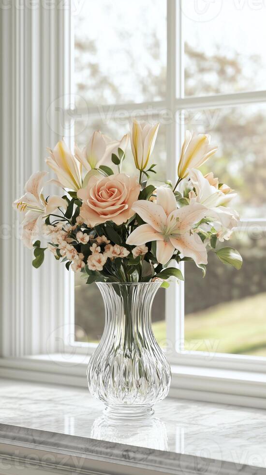 Roses and lilies in a crystal vase on a marble countertop near a window, photorealistic wallpaper photo