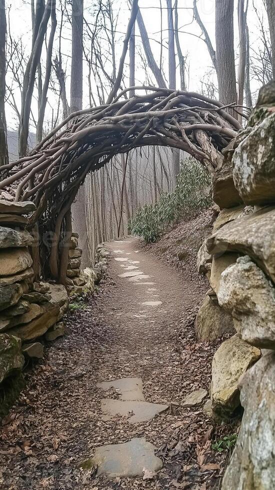 Sassafras branches frame garden paths, adding depth beside weathered rock walls, wallpaper art photo